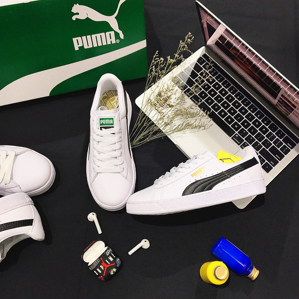 giày thể thao đế bằng Puma Basket Skate màu trắng vạch màu đen