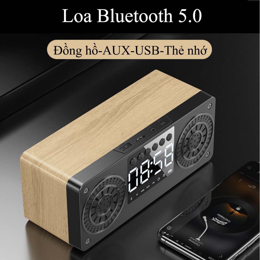 Loa Bluetooth gỗ 5.0 không dây A10 tích hợp đồng hồ báo thức , màn hình LED, hỗ trợ thẻ nhớ, USB GEMINI SHOP