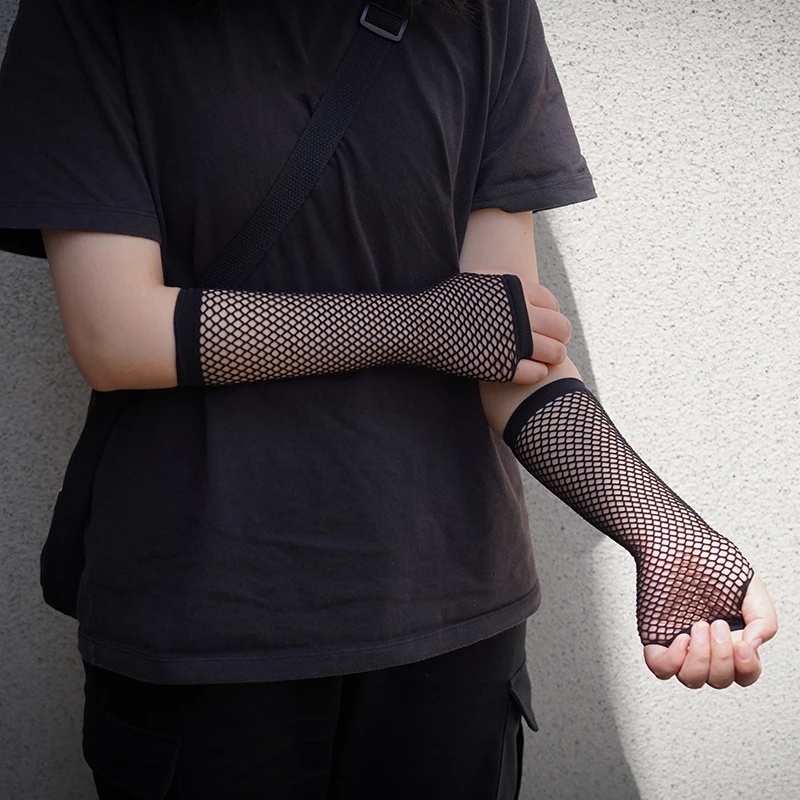 Găng tay lưới dài hở ngón màu neon phong cách gothic punk dành cho nữ
