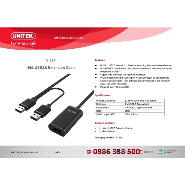 Cáp USB nối dài 2.0 10M Unitek Y-278 có CHIP khuếch đại Chính Hãng