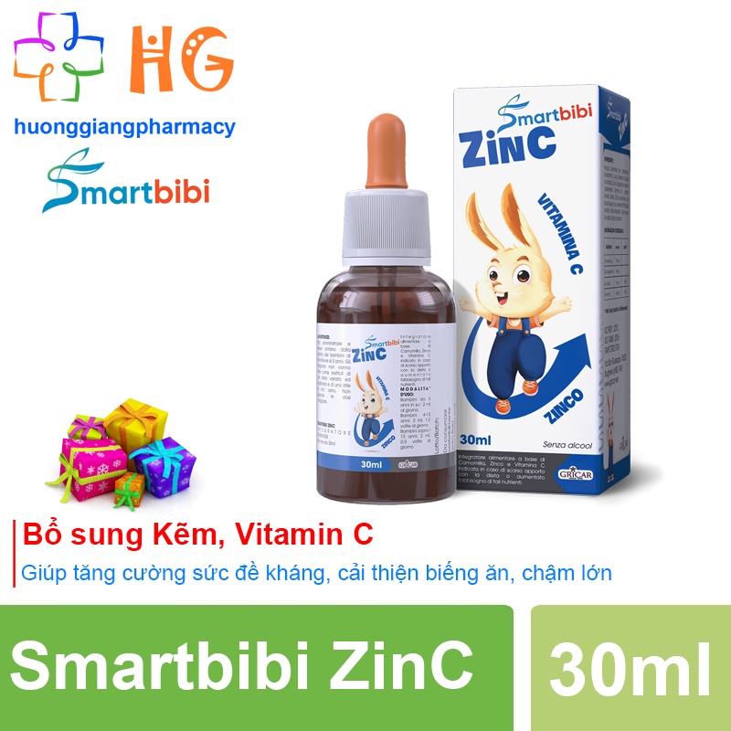 Kẽm cho bé Smartbibi Zinc Vitamin c Kẽm zinc Kẽm cho bé biếng ăn Siro ăn ngon cho bé Tăng đề kháng Bổ sung kẽm Chai 30ml