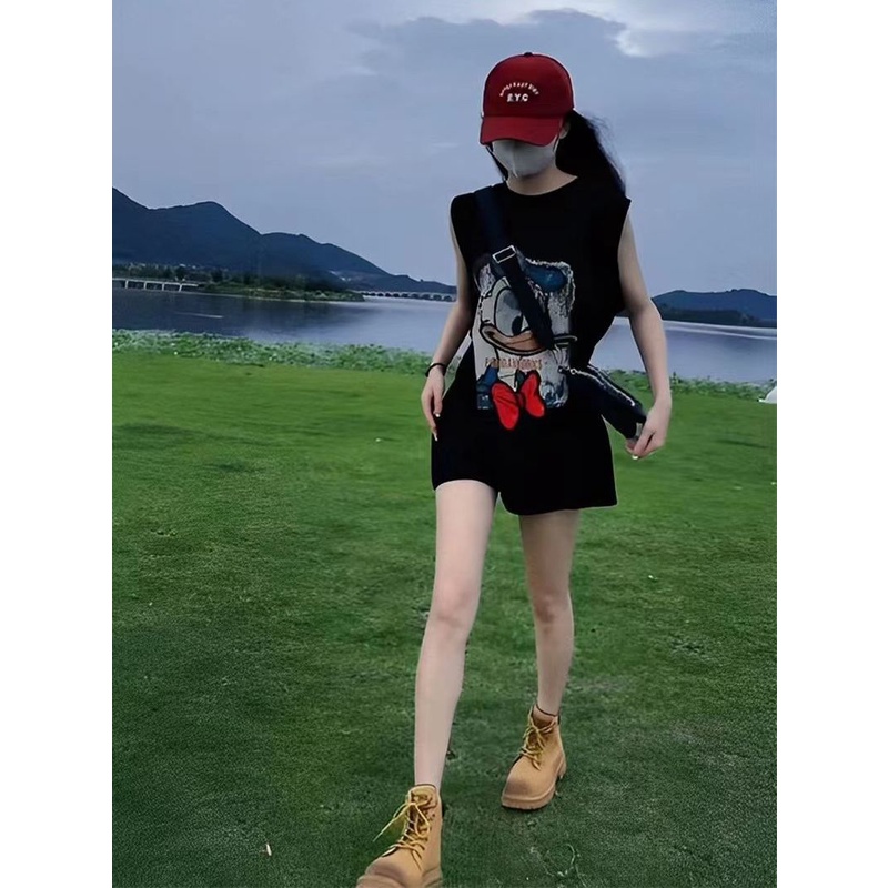 Áo Thun Đen Không Tay Dáng Rộng In Họa Tiết Hoạt Hình Phong Cách Mỹ Thời Trang Mùa Hè Cho Nữ