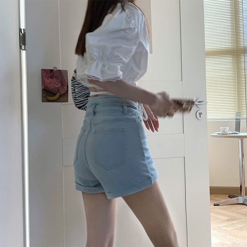 Quần Đùi denim Lưng Cao Phong Cách retro Hàn Quốc Cho Nữ