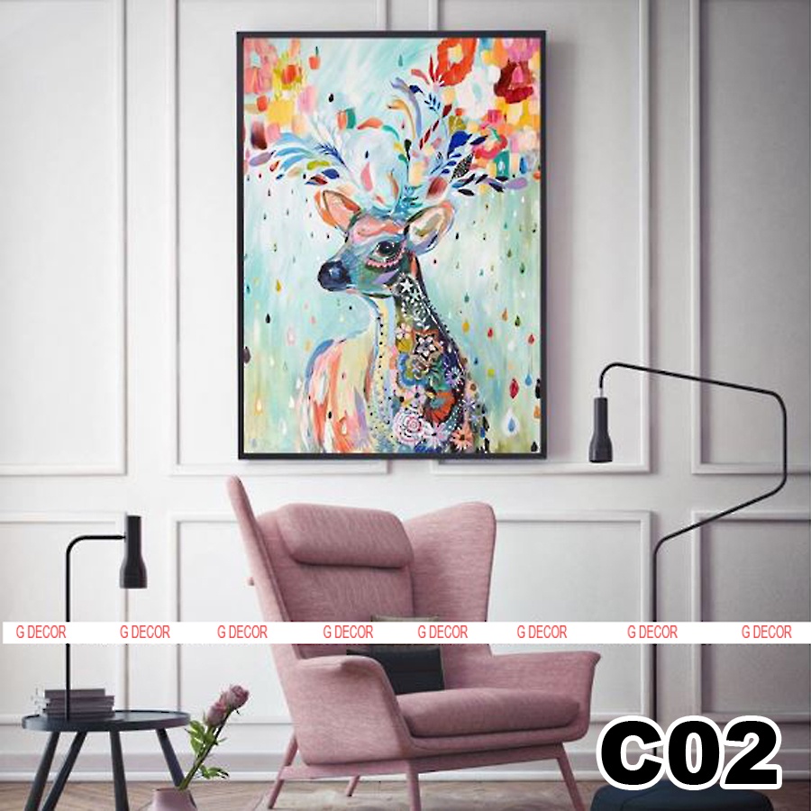 Tranh treo tường canvas 1 bức phong cách hiện đại Bắc Âu 08, tranh hươu tài lộc trang trí phòng khách, phòng ngủ, spa