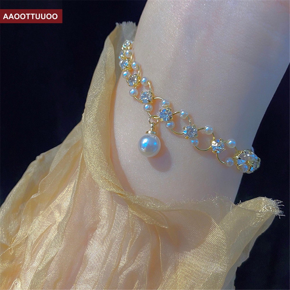 Vòng Tay Đính Đá Ngọc Trai Giả Phong Cách Retro Thời Trang Hàn Quốc