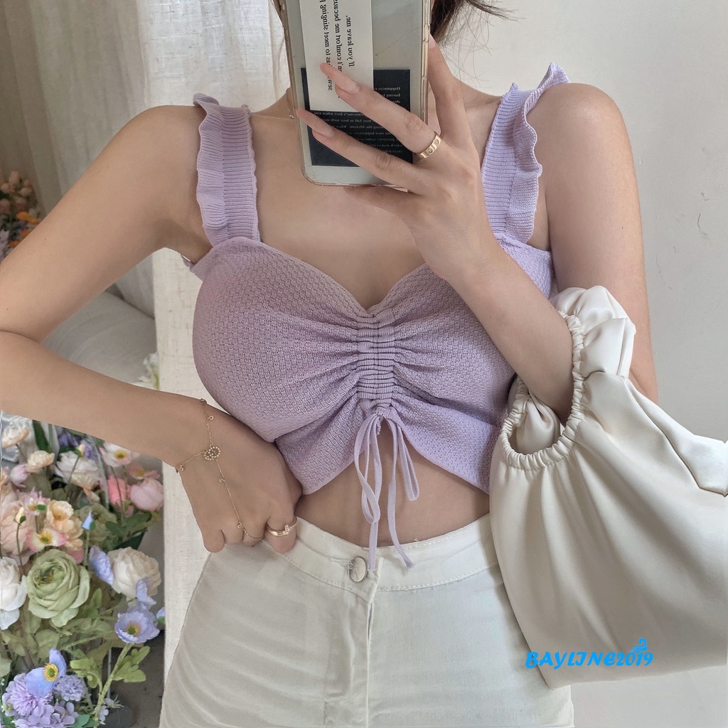 BAY-Women´s Sleeveless Knitted Tank Tops, Solid Color Front Tie-Up Ruffles Decor Backless Vest, Casual Simple Short