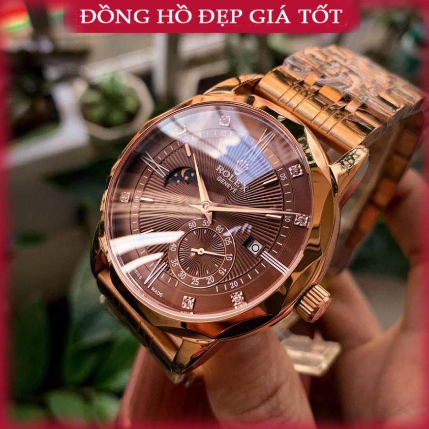 Đồng hồ cho Nam Ro-lex 6kim trăng sao size 40-41 vành trám cạnh màu cafe dây kim loại vàng hồng