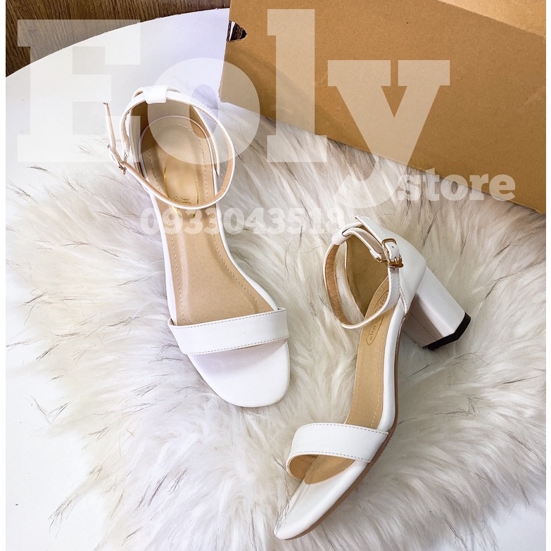 Giày Sandal Cao Gót Nữ Gót Vuông - Quai Ngang 5P - Khóa Cài Cao Cấp Màu Trắng - Ảnh Thật 100%%(EOLY STORE)