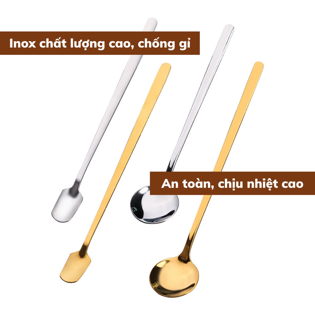 Thìa pha trà inox 304 cán dài dụng cụ pha cà phê muỗng cafe mạ vàng kiểu dáng sang trọng kích thước 13-15-17 cm