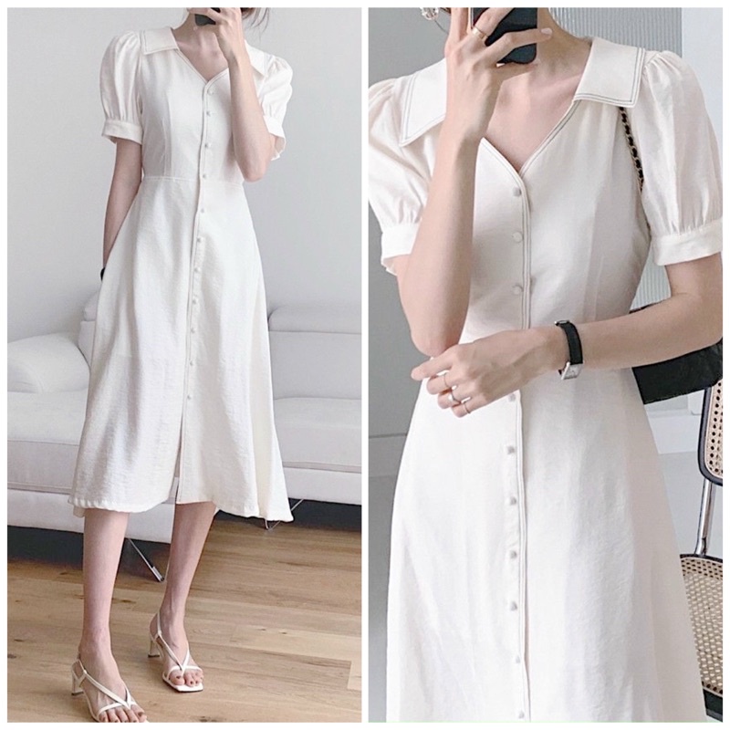 Đầm sơ mi trắng viền chỉ đen (kèm hình thật)