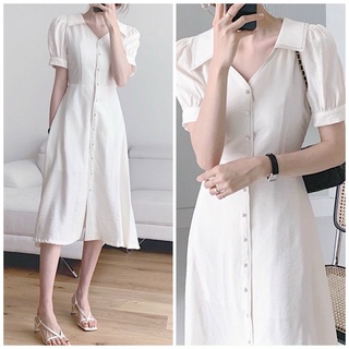 Đầm sơ mi trắng viền chỉ đen