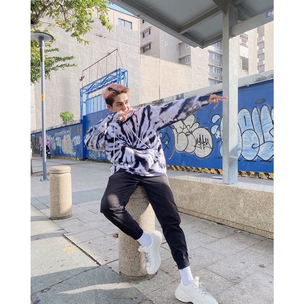 Áo Hoodie tye dye MEANSTORE nỉ lót bông có mũ oversize unisex nam nữ form rộng phong cách Hàn Quốc - Loang đen trắng