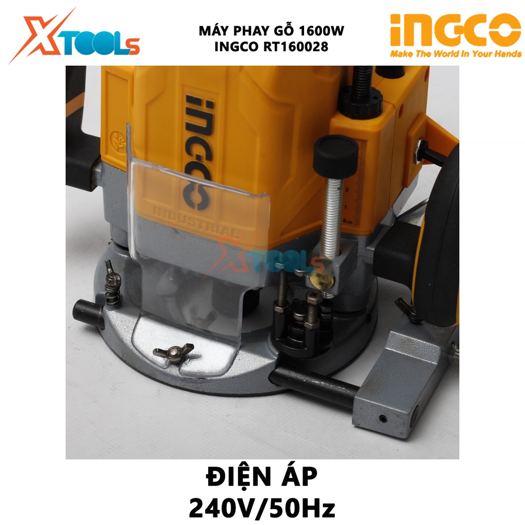 Máy phay gỗ INGCO RT160028 | Máy soi gỗ công suất 1600W, Mũi phay:6,8,12,1/4&quot;,1/2&quot;mm (12.7&quot;) có điều tốc, phay 0-60mm