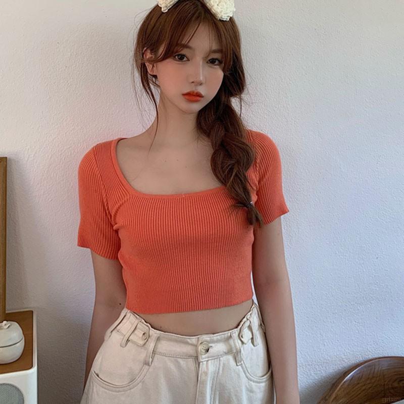 Áo Croptop Dệt Kim Tay Ngắn Cổ Vuông Màu Trơn Phong Cách Hàn Quốc Thời Trang Dễ Thương