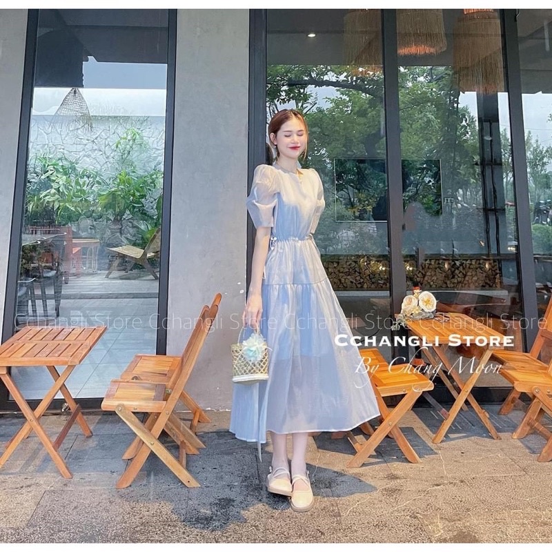 thanh lý maxi đi biển váy tơ 2 lớp màu xanh