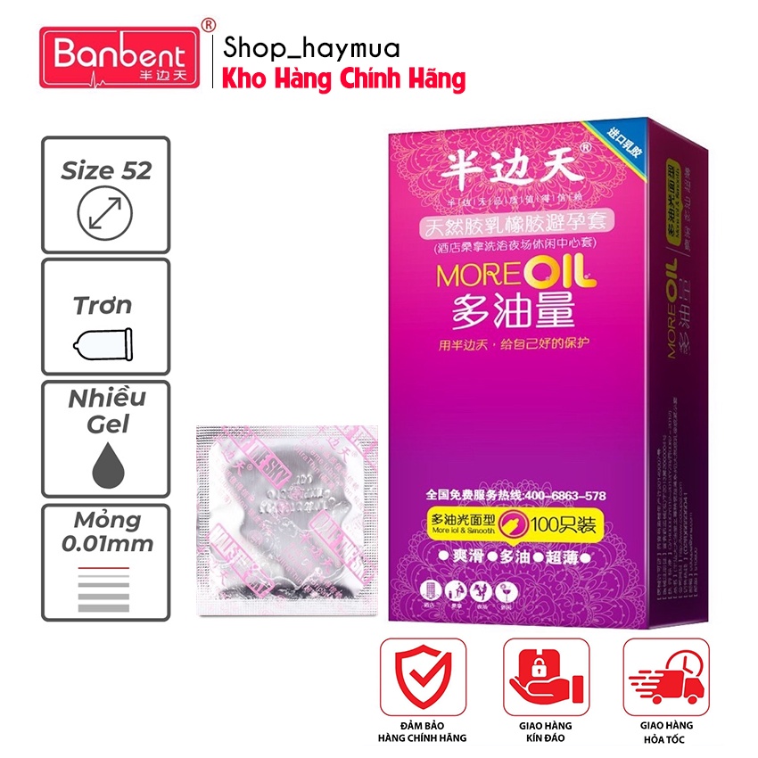 Bao Cao Su BanBent More Oil 001 –Dòng Bcs Siêu Mỏng, Nhiều Gel Bôi Trơn, Siêu Tiết Kiệm, Hàng Nội Địa