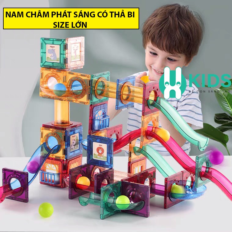 Đồ chơi xếp hình nam châm có đèn phát sáng cho bé size lớn, lắp ráp thông minh thành các máng trượt thả bi cho bé