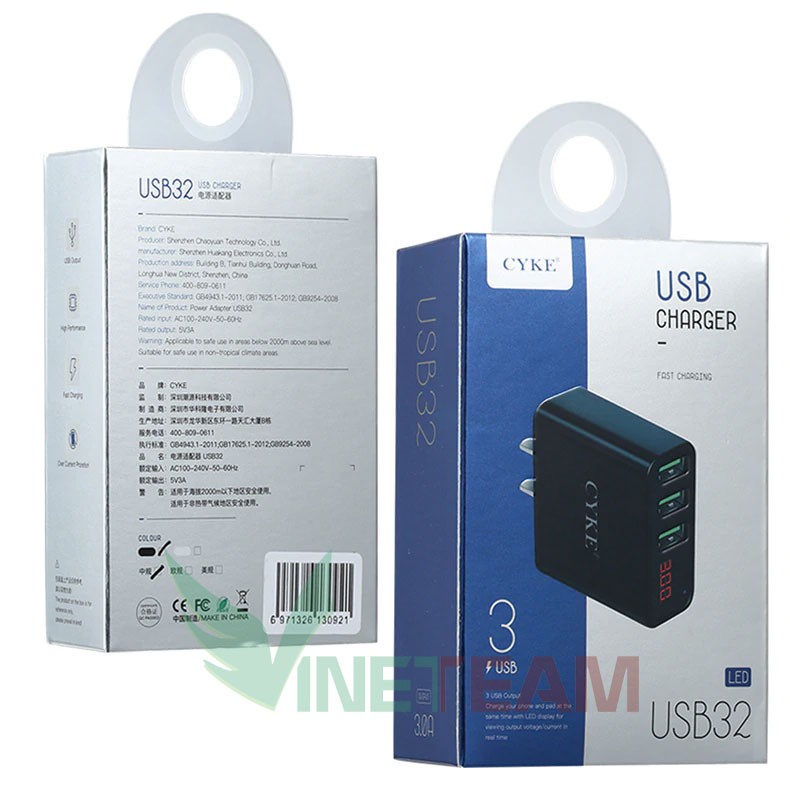 Cốc sạc nhanh 3 cổng USB thông minh CYKE -DC3210