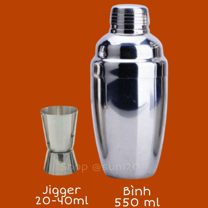 Bộ 2 dụng cụ pha chế cocktail shaker bình lắc 550ml inox và jigger 20-40 inox pha chế 524YA