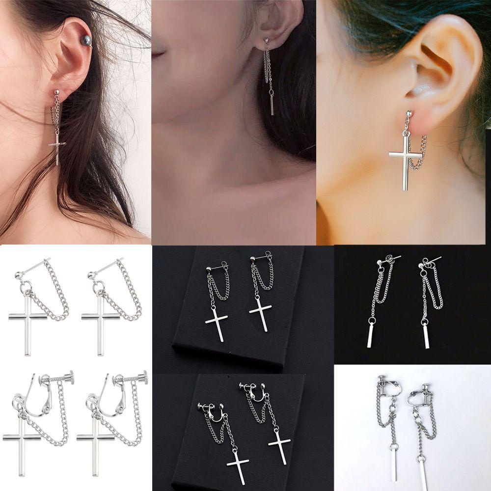 Khuyên Tai Chuỗi Xích Hình Thánh Giá Cực Ngầu Cá Tính Không Xỏ Hạt