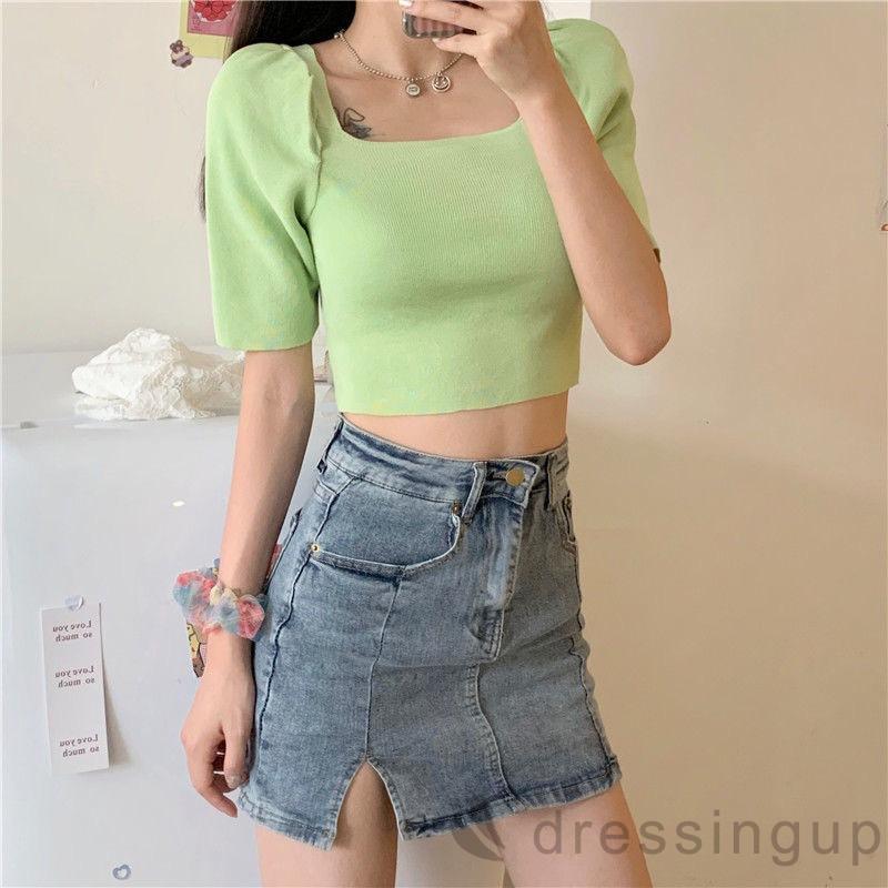 Áo Thun Tay Ngắn Cổ Vuông Màu Trơn Thiết Kế Độc Đáo Cá Tính Cho Nữ