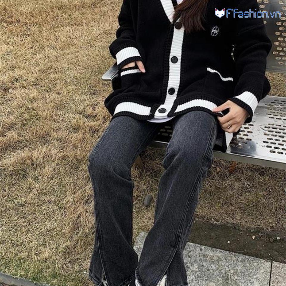 Áo Khoác Cardigan Dệt Kim Dáng Rộng Màu Sắc Tương Phản Thời Trang Dễ Phối Đồ