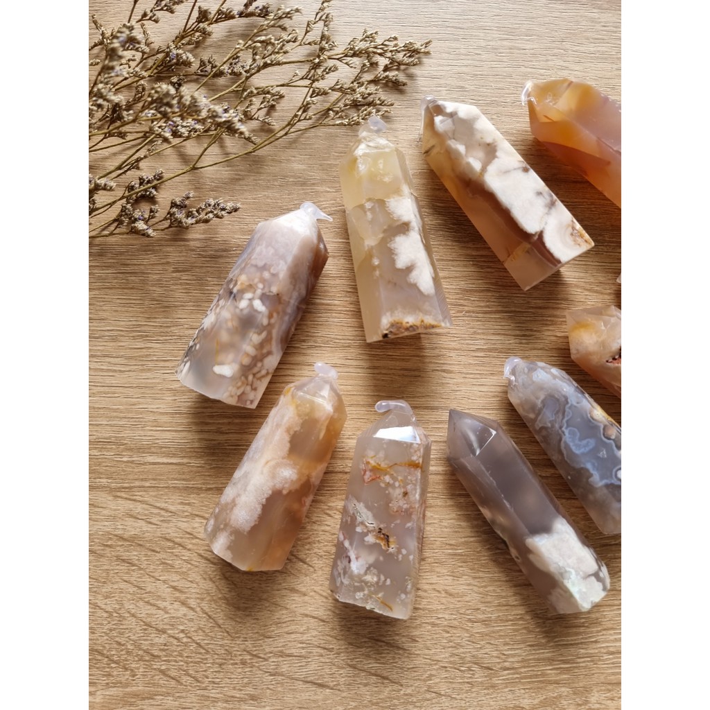 Trụ đá thanh tẩy mã não hoa anh đào (Blossom Agate), dùng trong Tarot, Reiki, thiền định, trụ phong thủy