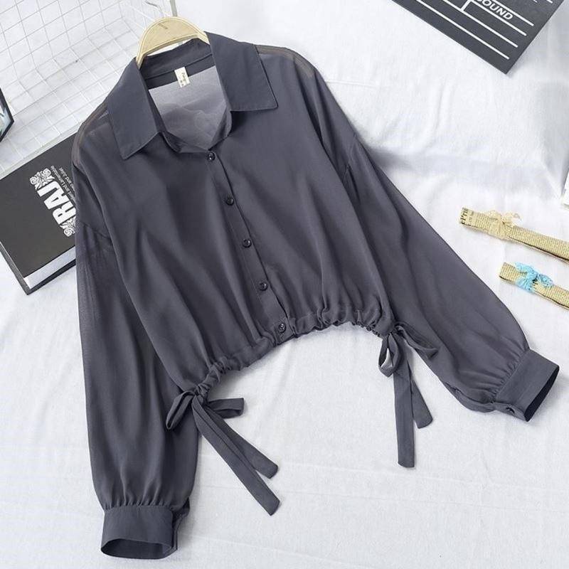 Áo Sơ Mi Voan Mỏng Tay Phồng Ngắn Màu Trơn Chống Nắng Thời Trang Mùa Hè Cho Nữ