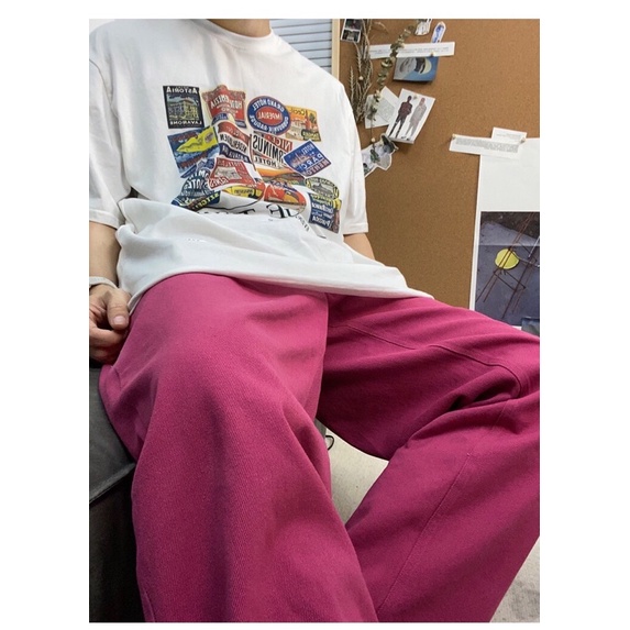Quần bò jeans ống rộng màu hồng đỏ retro unisex Ulzzang hiphop siêu chất ❤️