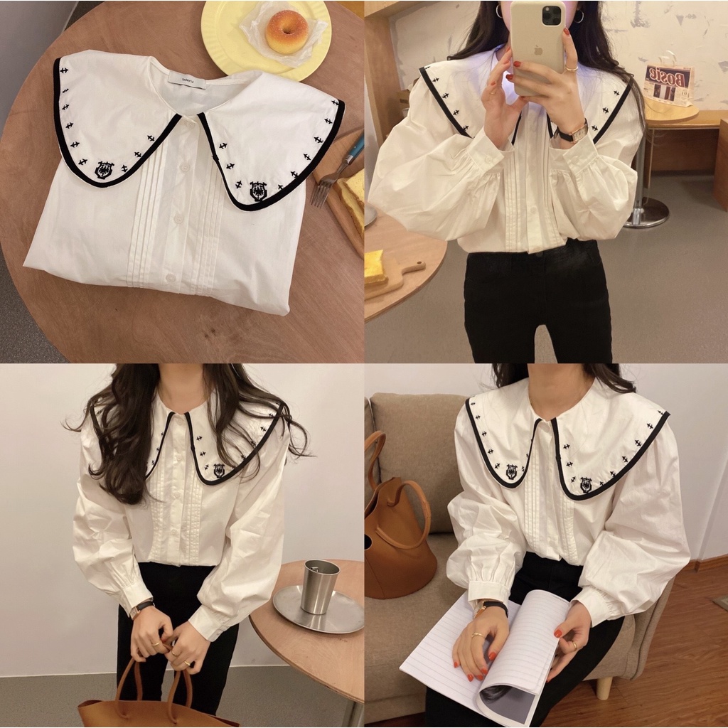 [Ảnh thật] Áo sơ mi cổ bèo xếp li ngực cách điệu họa tiết cổ áo ulzzang