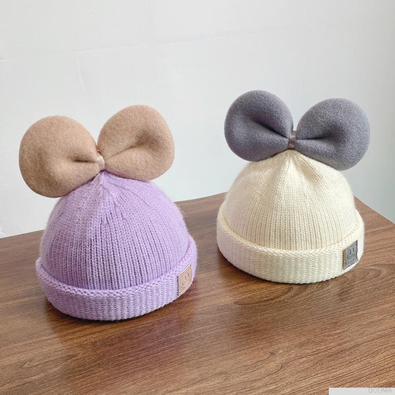 Mũ beanie dệt kim mềm co giãn đính nơ màu kẹo dễ thương dành cho bé sơ sinh