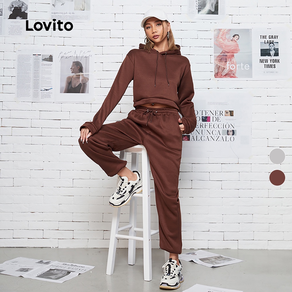 Set đồ Lovito gồm hoodie croptop dây rút mặc thường ngày L08169 (Màu cà phê/xám)