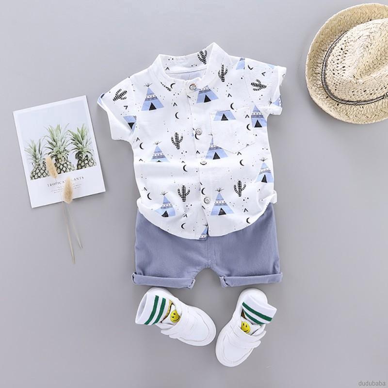 Bộ áo sơ mi tay ngắn + quần short họa tiết thời trang dành cho bé 0~4 tuổi