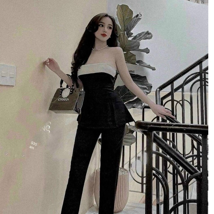Sét đồ bộ cúp ngực quần ống rộng đi chơi phối viền ngực trắng thời trang nữ mùa hè