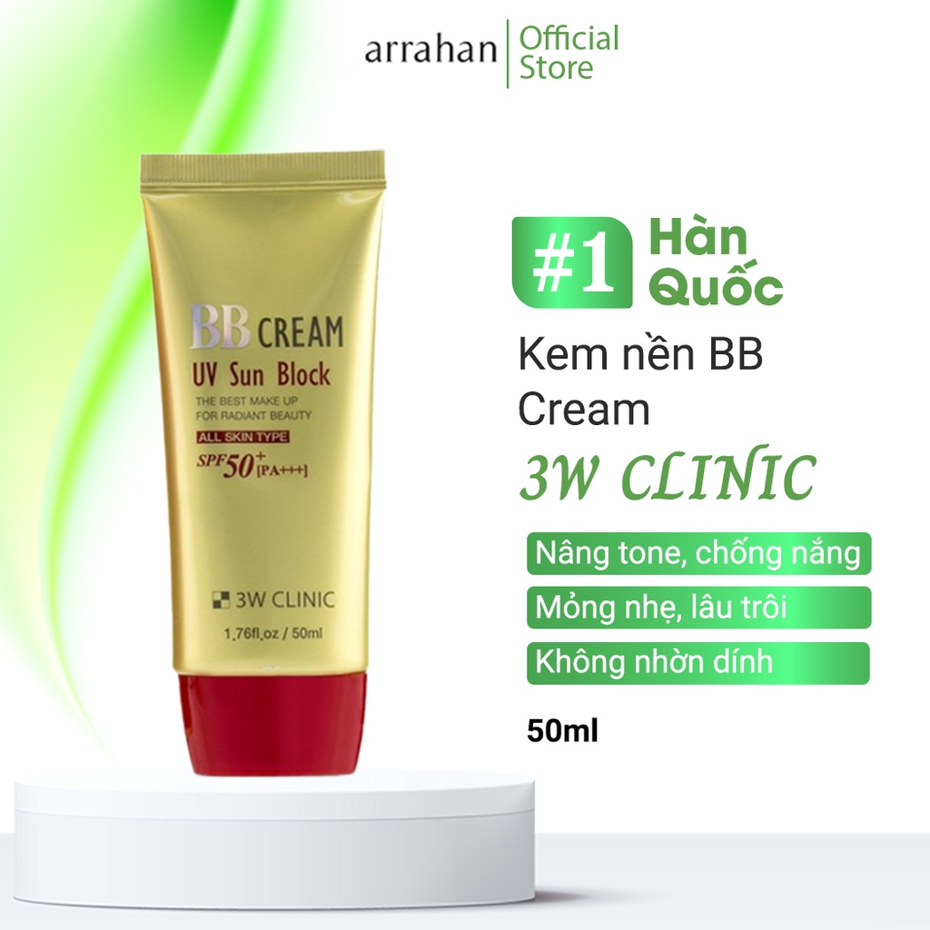 Kem Nền Đa Chức Năng Dưỡng Trắng Da, Chống Nắng Che  Khuyết Điểm BB Cream UV Sun Block 3W Clinic Hàn Quốc 50ml - VỎ ĐỎ