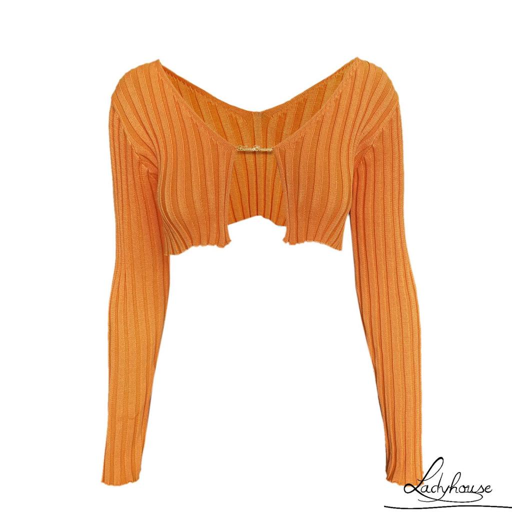 Áo croptop dệt kim tay dài ống loe màu sắc thời trang mùa thu cho nữ