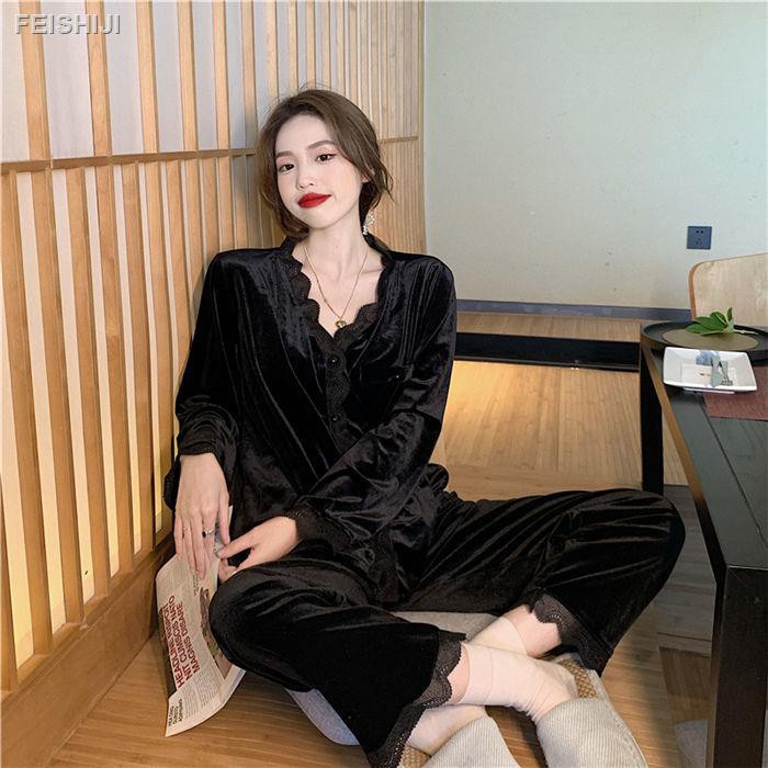 Bộ đồ ngủ tay dài chất nhung phong cách Hàn Quốc thời trang thu đông cho nữ hàng có sẵn Nhiều mẫu