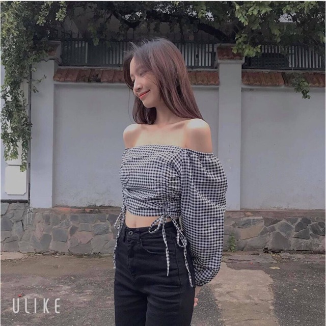 Áo croptop dây rút bẹt vai caro cực xinh kèm hình thật + video