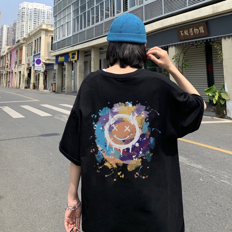 Áo thun tay ngắn dáng rộng in hình mặt cười phong cách mùa hè thời trang cho nam