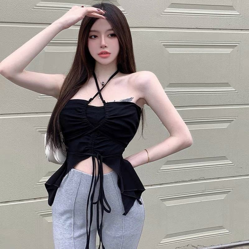 Áo ống thun kiểu nữ cổ yếm tà dài phối dây rút đuôi cá
