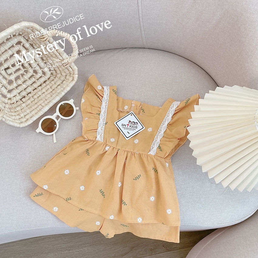 Bộ Quần Áo Trẻ Em 3 Lỗ Cánh Tiên Vải Linen In Hình Hoa Cúc Cho Bé Gái Từ 7-19kg Mã BL32