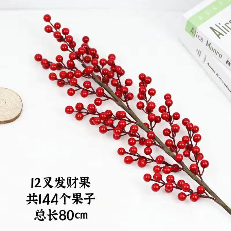 Cành đào đông đỏ cherry mini trang trí nhà cửa đạo cụ chụp ảnh tinh tế trang trọng hút tài lộc cành 12 nhánh