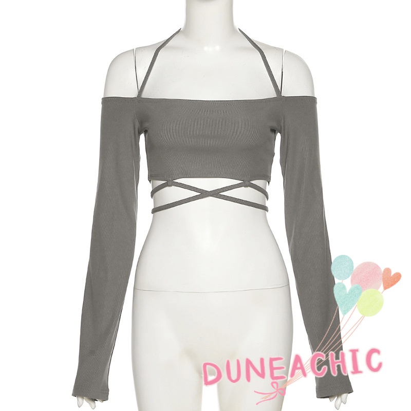 Áo Kiểu Tay Dài Trễ Vai Phối Dây Thắt Xinh Xắn Cho Nữ