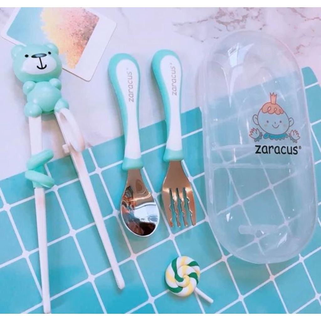 Đũa Tập Ăn Zacus Kèm Thìa Dĩa inox cho bé tập ăn