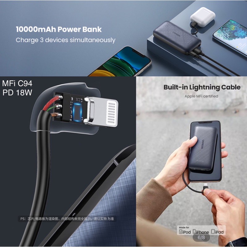 Pin sạc dự phòng tích hợp Cáp Lightning PD 18W MFi C94 UGREEN PB172 10000mAh PD 18W &amp; QC 3.0 18W