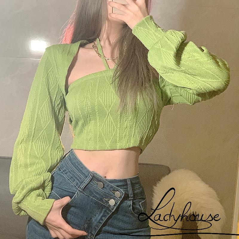 Bộ Áo Croptop Hai Dây Màu Trơn Và Áo Yếm Dài Tay Thời Trang Cho Nữ