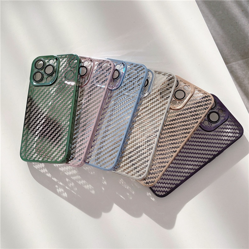 Ốp Điện Thoại Sợi Carbon Mạ Điện Kèm Miếng Dán Bảo Vệ Camera Cho iPhone 13 12 11 Pro Max X XR XS Max SE 2022 7 8 Plus