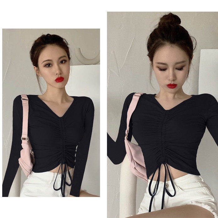 Áo Thun Lửng Tay Dài Cổ Chữ V Eo Cao Phối Dây Rút Gợi Cảm Cho Nữ Áo phông Nữ NZ-TX-322