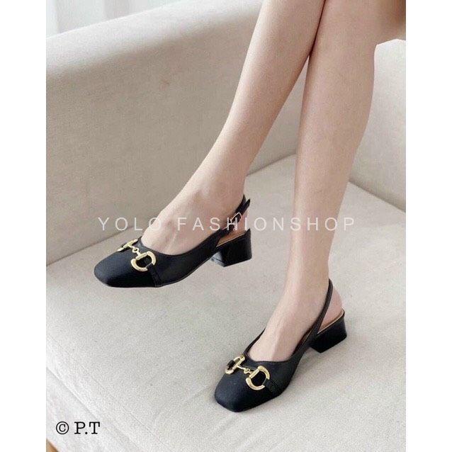 Giày búp bê nữ đế 3p hở gót mũi vuông đính nơ khóa xinh xắn da mềm êm chân - B36