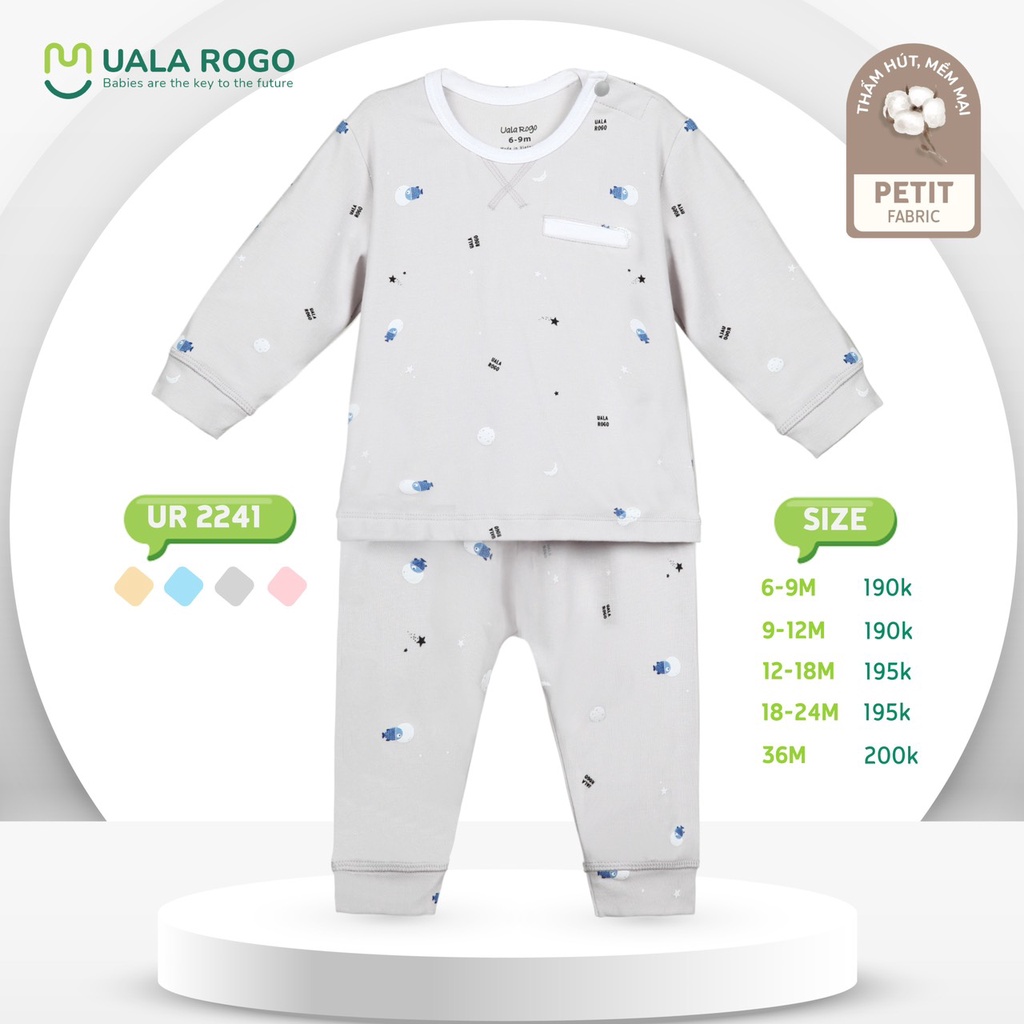 Bộ quần áo dài tay mỏng Ualarogo 6 tháng - 3 tuổi vải Petit mềm co giãn cúc vai cổ tròn giữ ấm 2241